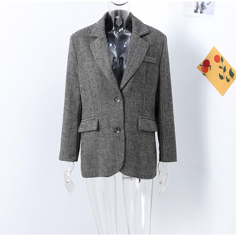 Vintage Lapel Herringbone Suit Coats Women Casual Single-Breasted Pockets Jackets Coat Lady Autumn Chic High Street Outwear