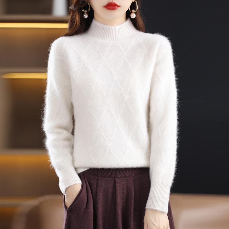 Women's High Neck Pure Wool Pullover Sweater with Diamond Pattern, Thick Base Layer, Solid Color Knit.