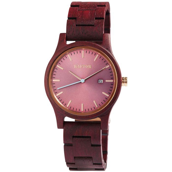Montre bracelet - RAPTOR - Malte - Bracelet bois amarante - Cadran rouge - Quartz GM12