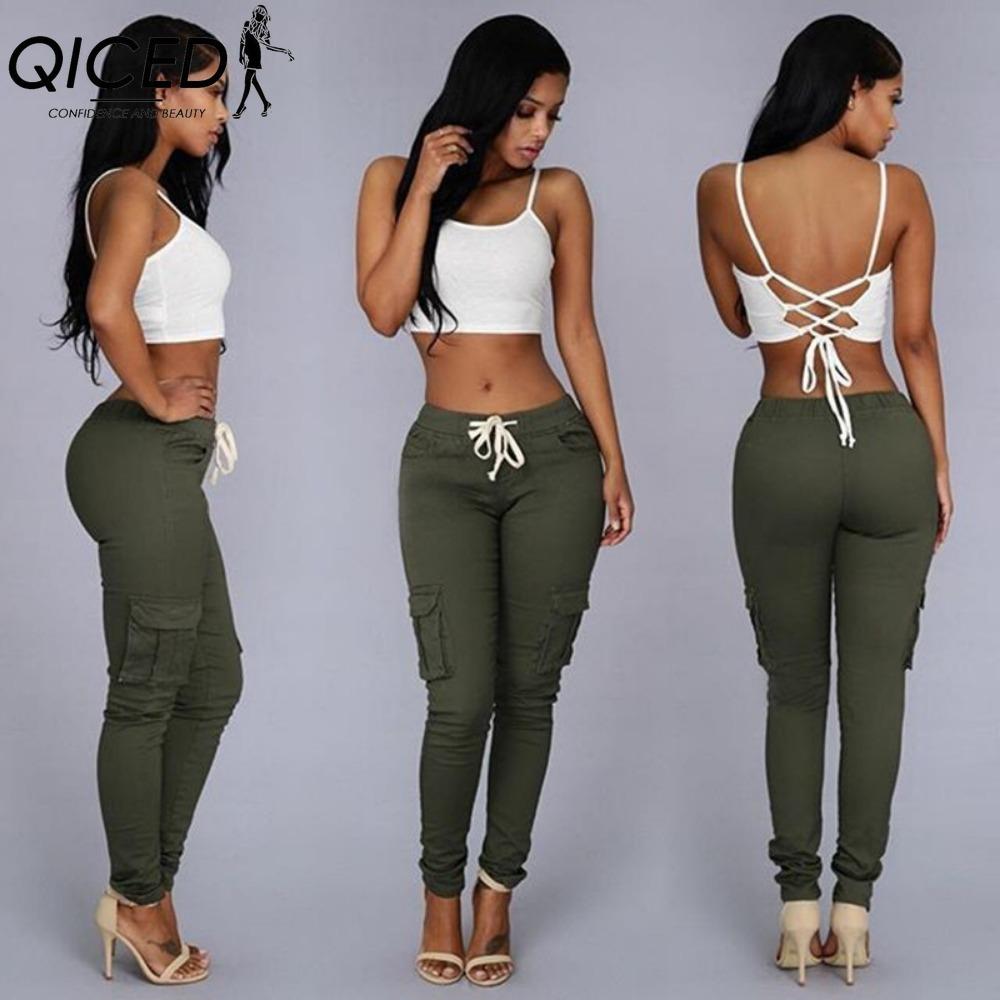 

QICED Женские модные повседневные брюки и капри с принтом однотонного цвета S армия зеленый