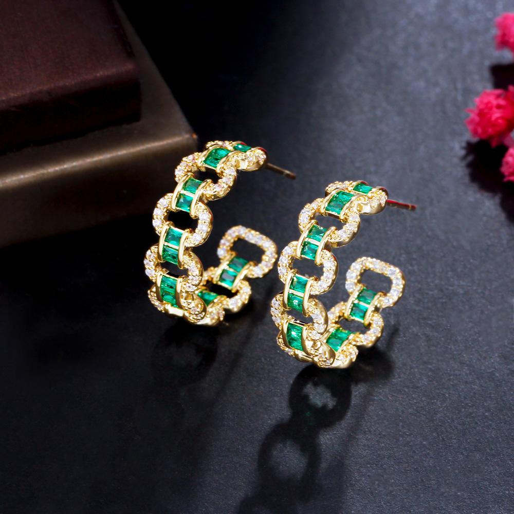 Cuban Link Design Green Cubic Zirconia Stone Round Hoop Earrings Brazilian 18K Gold Plated Fashion Ladies Jewelry Accessories
