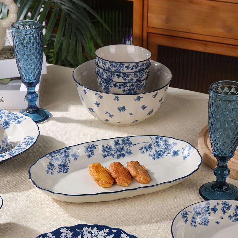 Chinese Ceramic Bowls Plates Retro Tableware Ramen Bowl Steak Dish Dessert Salad Plate Dinnerware Household Decor
