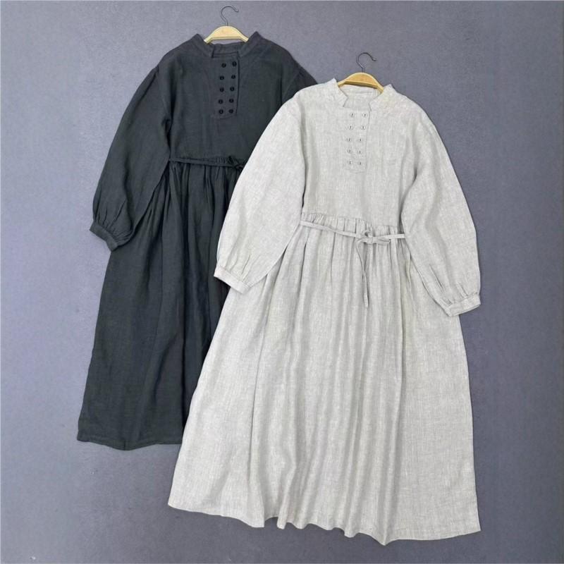 Johnature Spring Autumn Dress Retro Stand Collar Tie Long Sleeve Loose Simple Women Dresses