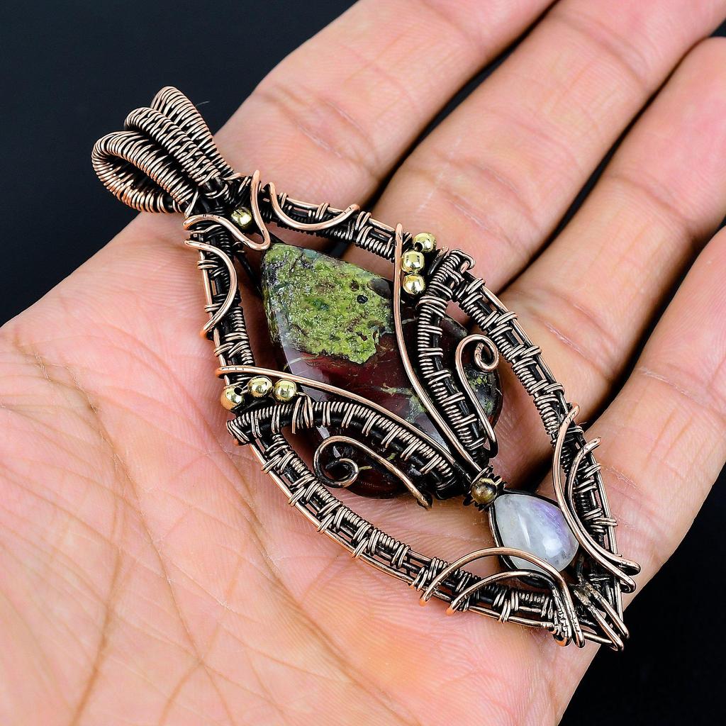 Dragon Blood Jasper & Moonstone 999 Copper Wire Wrapped Pendant, Handmade Gemstone Tree Of Life Pendant Jewelry, Gifts For Wife Brand New Pendant