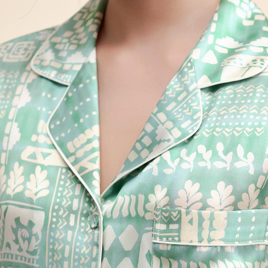 100% Mulberry Silk Fashionable High-End Edging Printed Short-Sleeved Pants Home Suit Set for Women