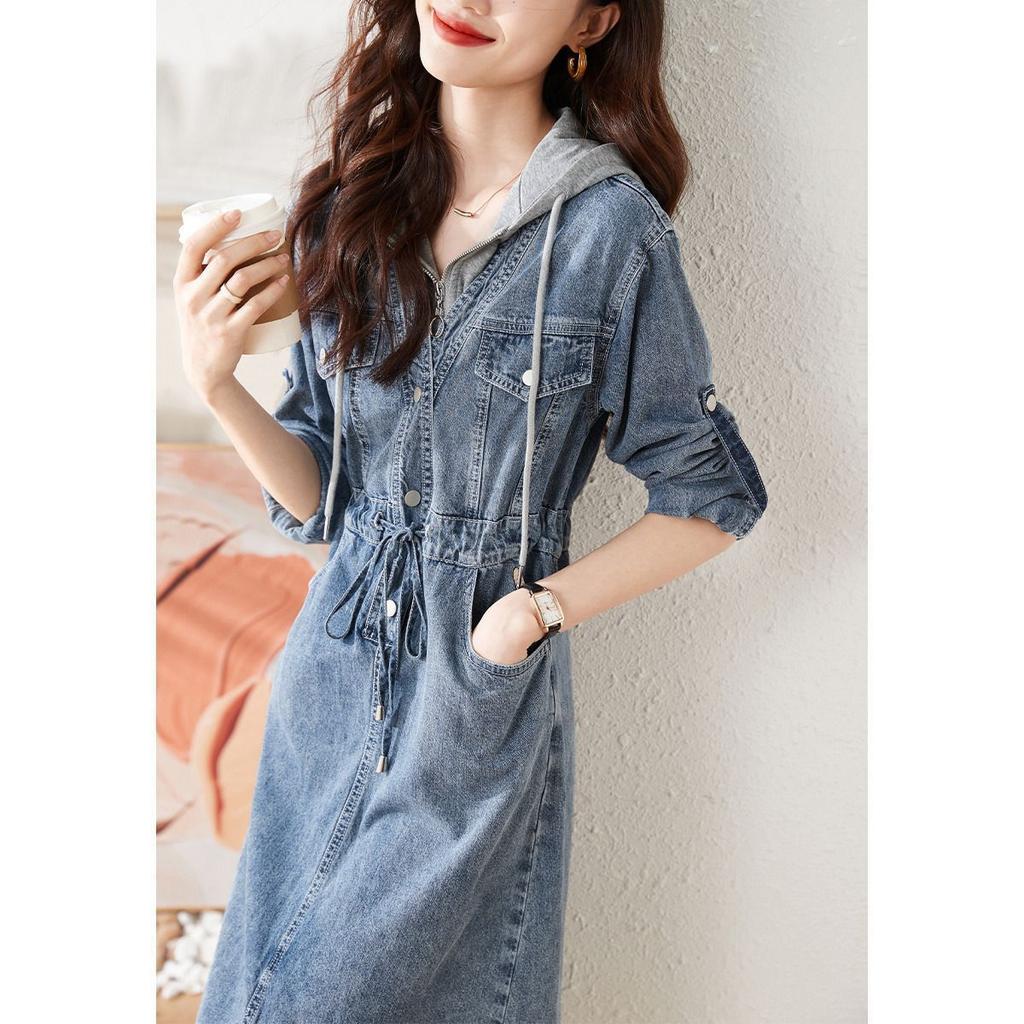 Casual Denim Dress Spring Simple Elegant Collar Contrast Stitching Drawstring Waist