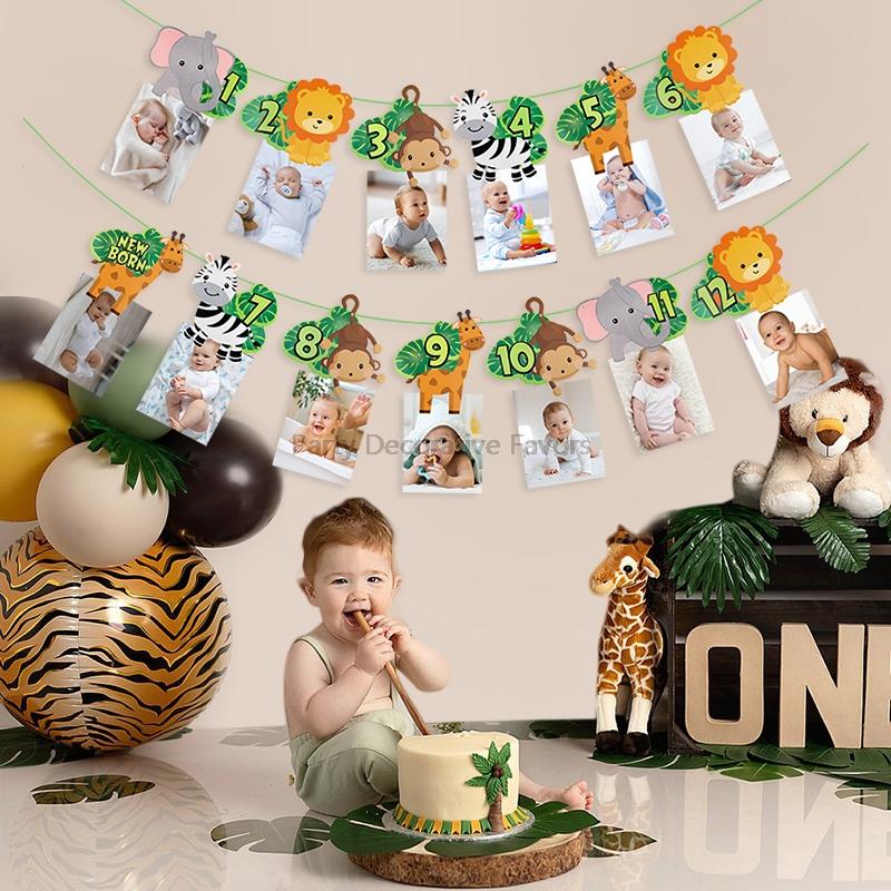 1. Geburtstag Foto Banner Baby Dschungel Safari Geburtstagsparty Löwe Tiger Tier Wimpelkette Papiergirlande Flaggen Dekoration Wild One