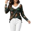 Women's Long Sleeve V-Neck Christmas Top with Collar, Snowflake and Christmas Tree Print