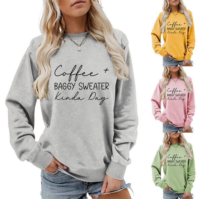 Womens Oversized Round Neck Long Sleeve Cotton Blend Casual Sweatshirt With Print - Loose Fit Comfort Top