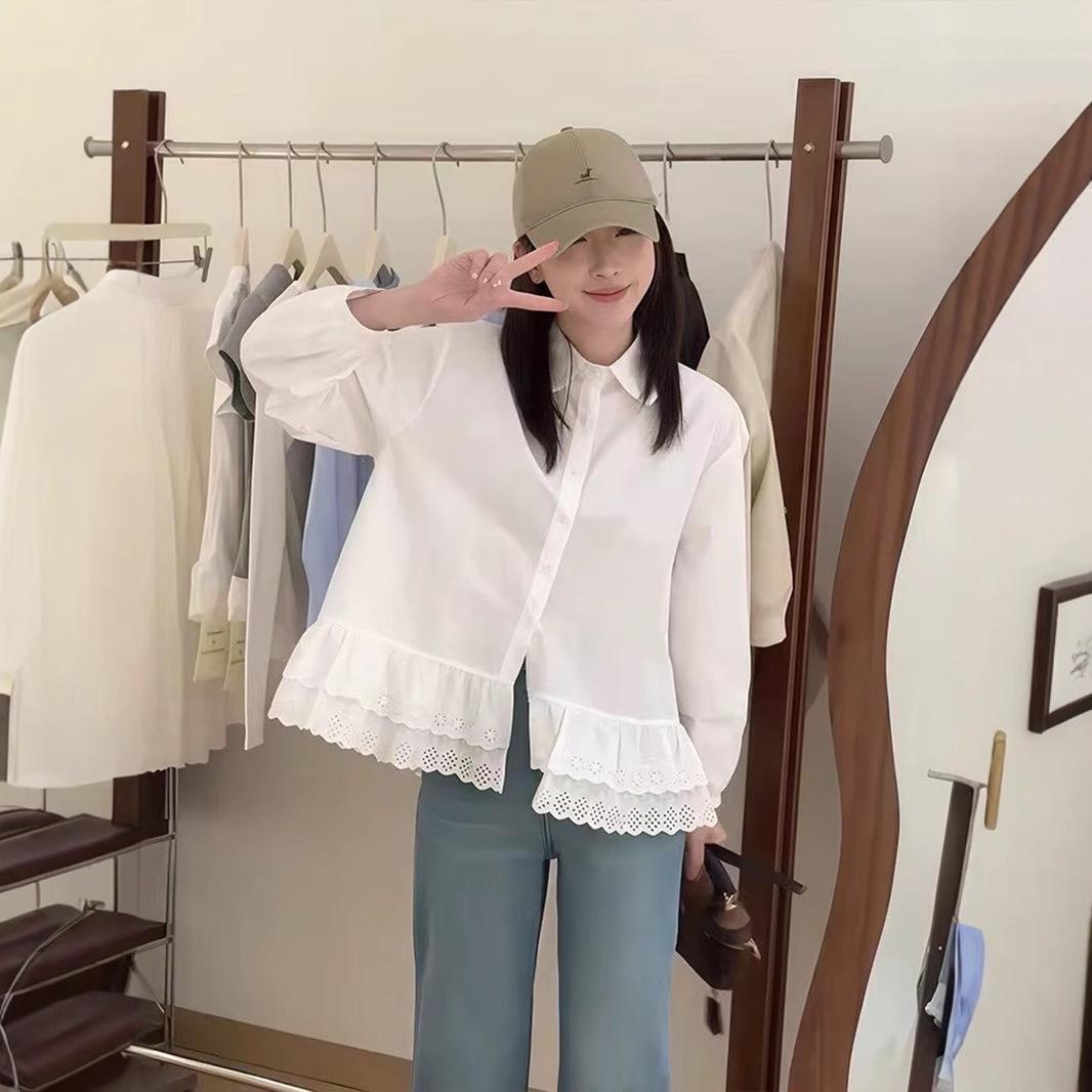 

Korean Lace Patchwork White Long Sleeve Women s Blouse - Retro Slimming Design for Spring and Autumn M