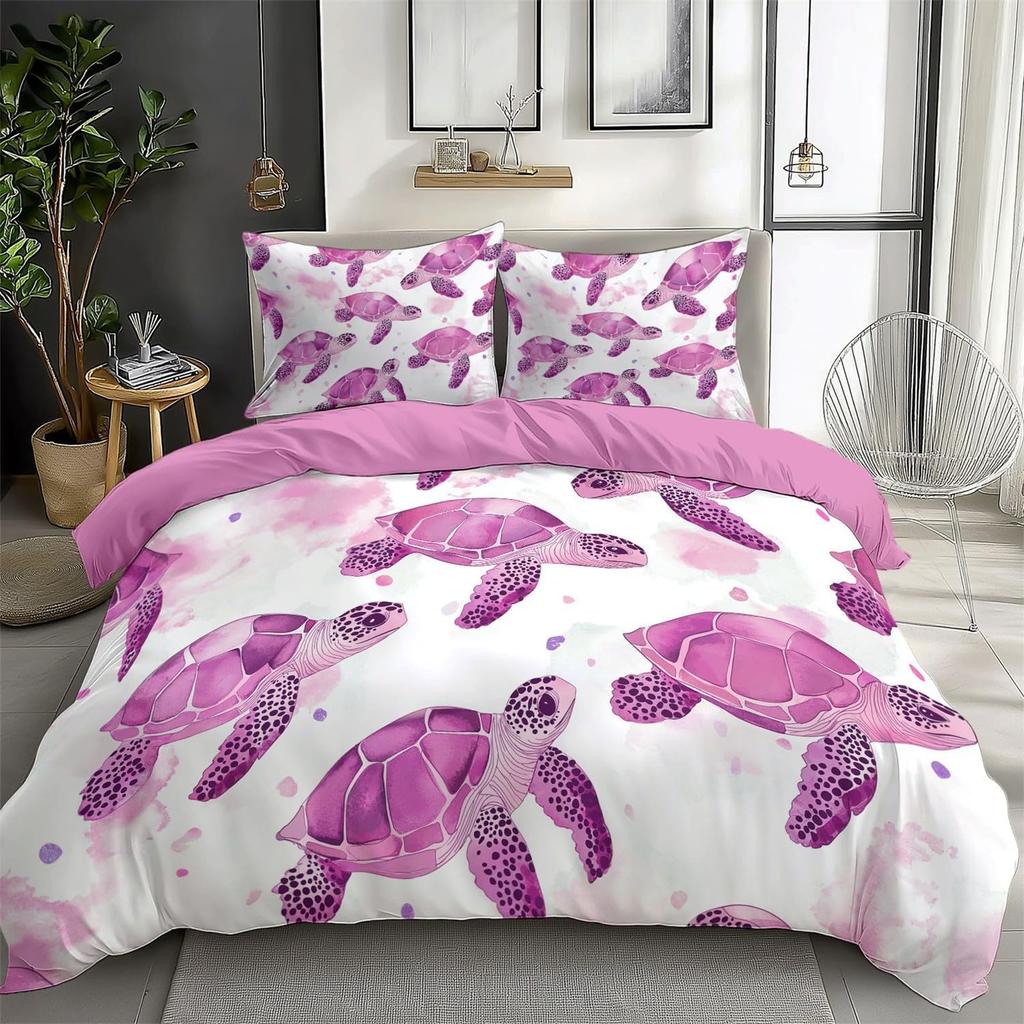 Sea Turtle Purple/Blue Bedding Set With Concealed Zipper, Soft Printed Reversible Duvet Cover with Pillowcases for All Seasons