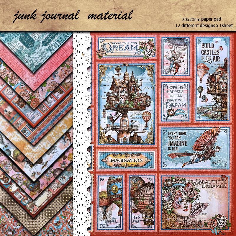 Whimsical Vintage Abstract Figures and Buildings Pattern Paper (12 Sheets)