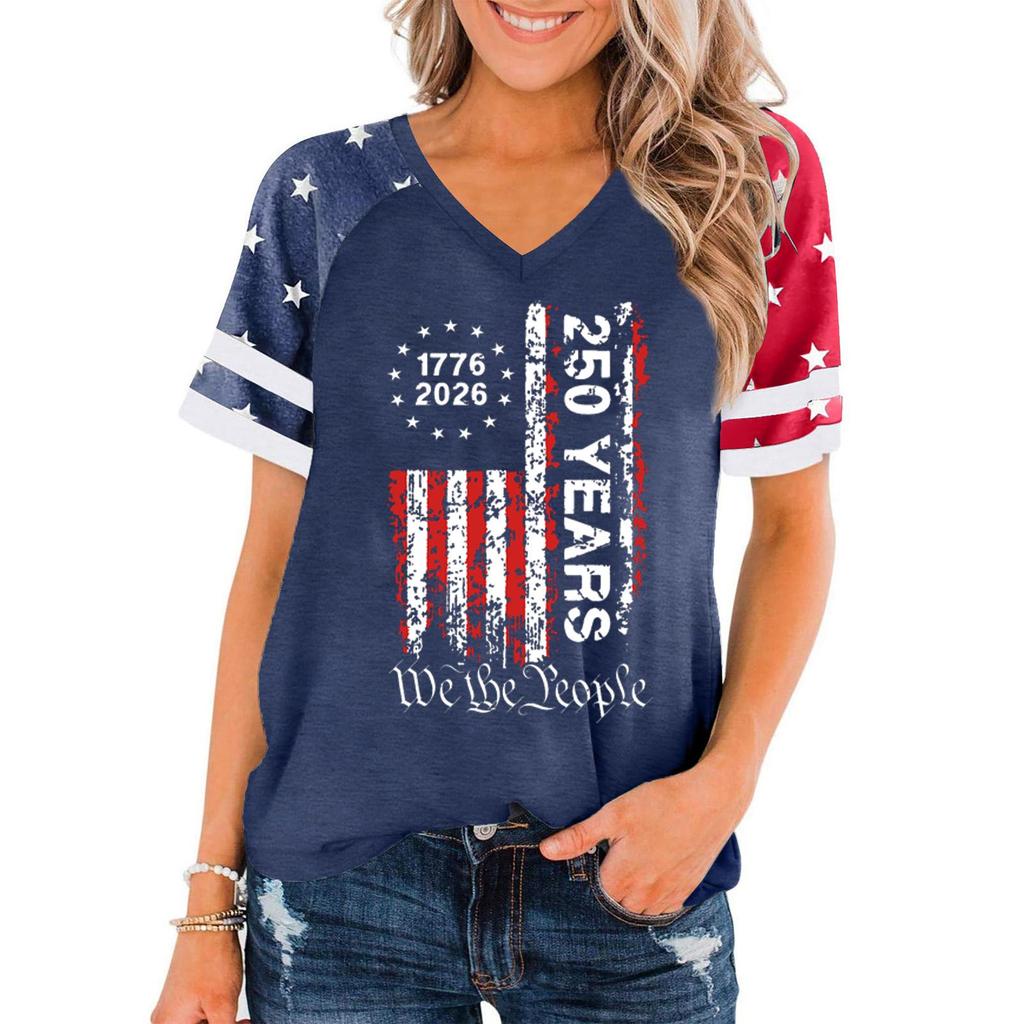 T-shirt décontracté à col en V pour femme, manches courtes, imprimé graphique 250 ans de liberté, haut Jour de l'Indépendance