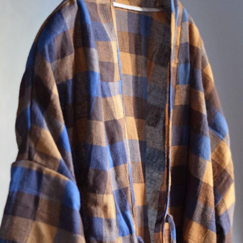 Johnature Women Vintage Plaid Chinese Style Loose Belt Spring Autumn Women Jackets