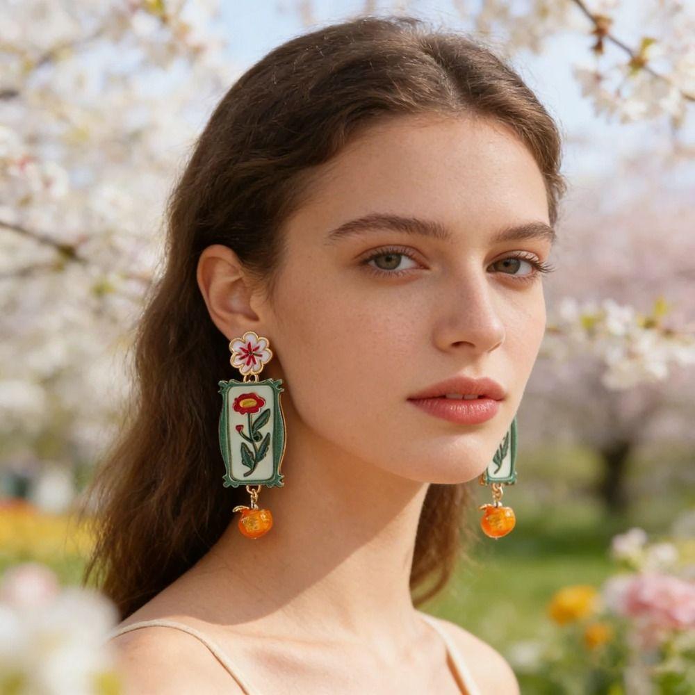 Creative Enamel Flower Dangle Earrings Painting Charm Metal Geometric Stud Earrings Alloy Jewelry Accessories