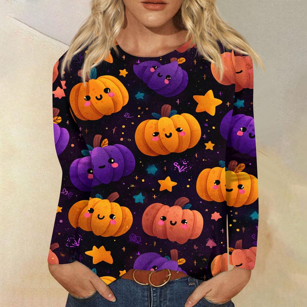 Modisches, lässiges Langarm-Oberteil mit Rundhalsausschnitt und Halloween-Print für Damen