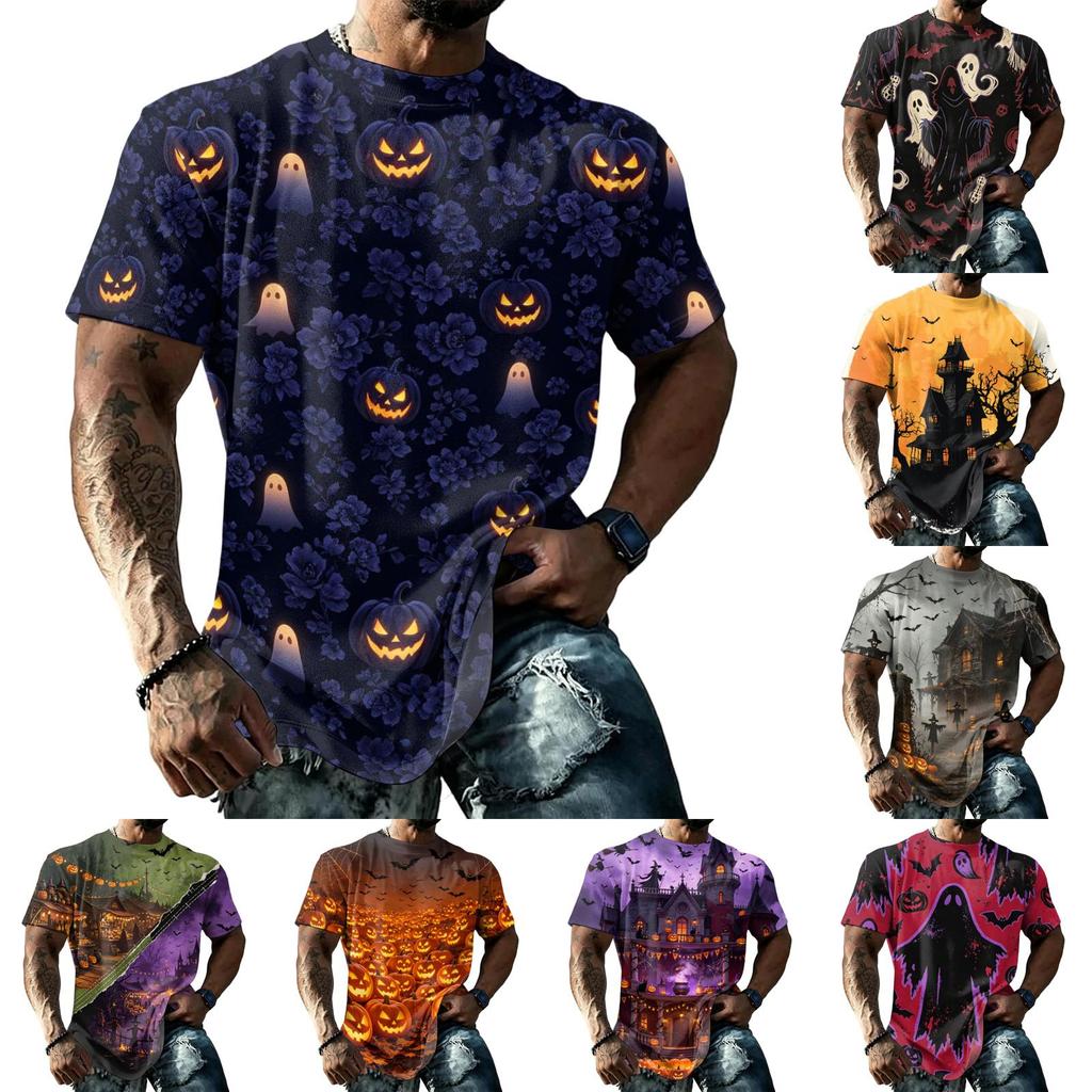 Men's Short Sleeve T-Shirt with Halloween Print Retro Texture Loose Fit Summer Streetwear Casual Top