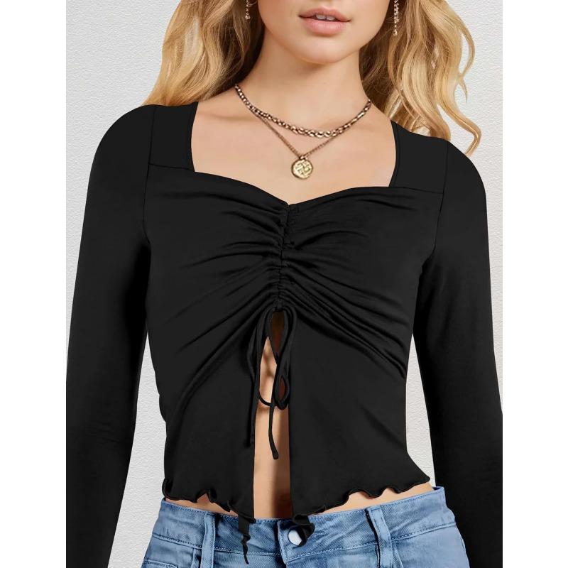 Women S Cropped Long Sleeve T Shirt Drawstring Ruched Slim Fit Top