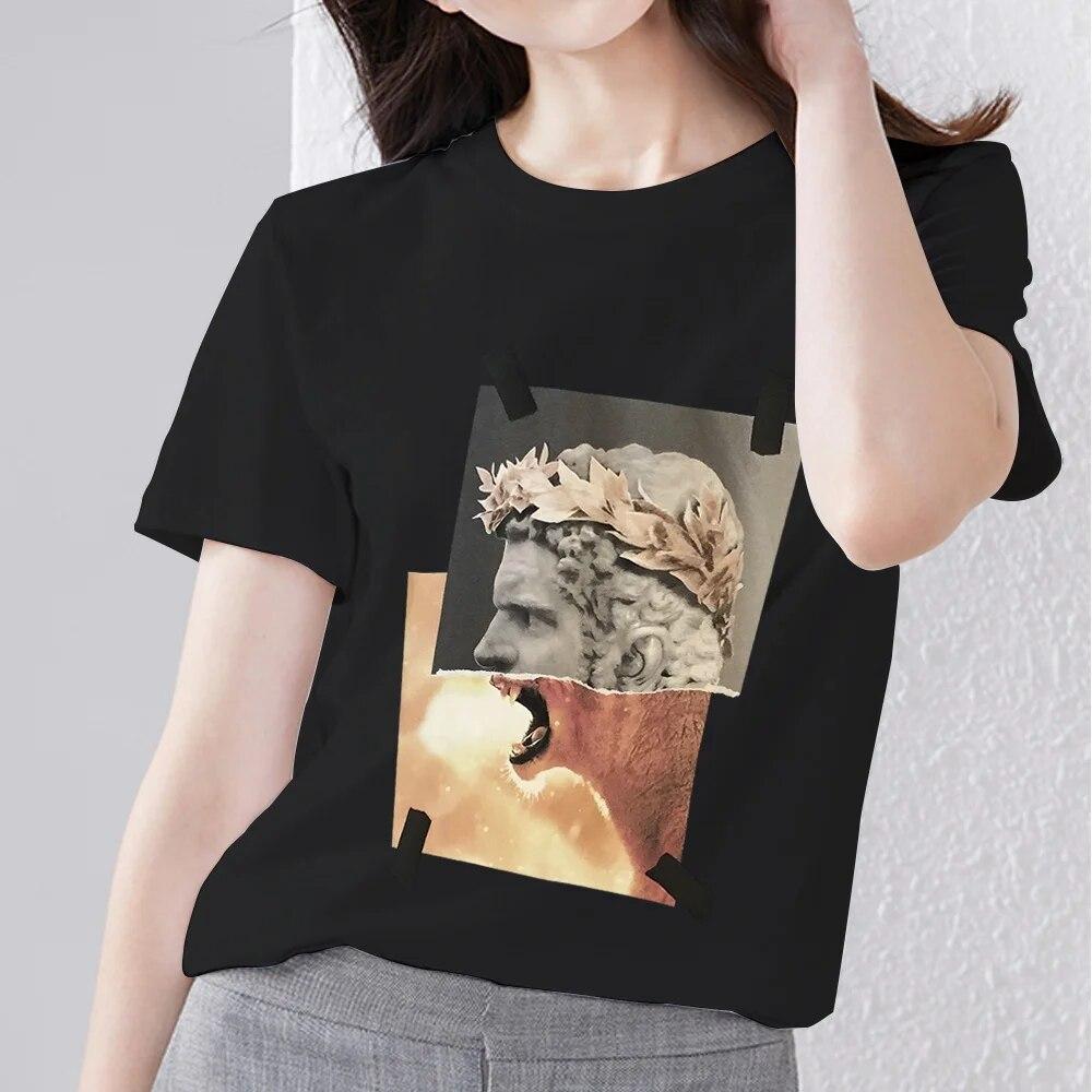 Retro Frauen Kleidung T-shirt Casual Slim Top Einfache Schwarz Pendler Kurzarm Lustige Skulptur Print Damen Mode O-ansatz Top