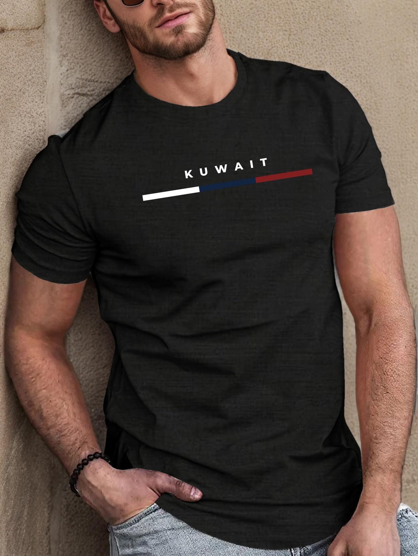 

Kuwait Line Print T-Shirt for Men Casual Polyester Crew Neck Tee with Geometric Pattern, Regular Fit Summer Short Sleeve Top S разноцветный