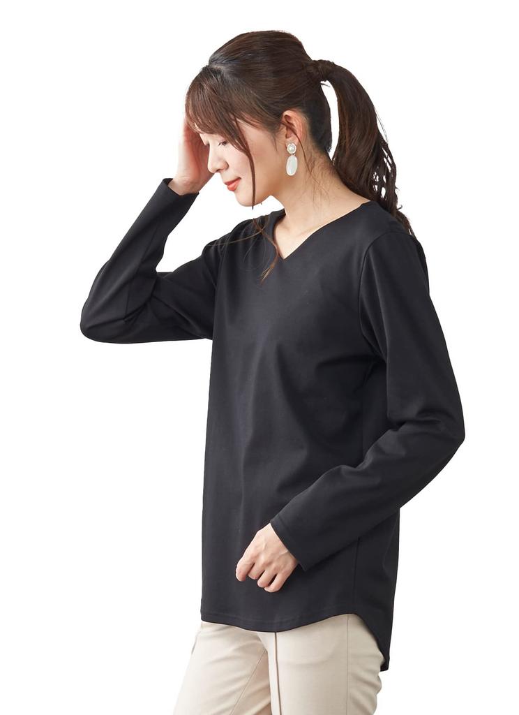 755 Supima Cotton Cut and Sewn Made In Japan Tops Pullover Long Sleeve Cotton [SPAN] V-neck Women's T-shirt 100% (M, Black)