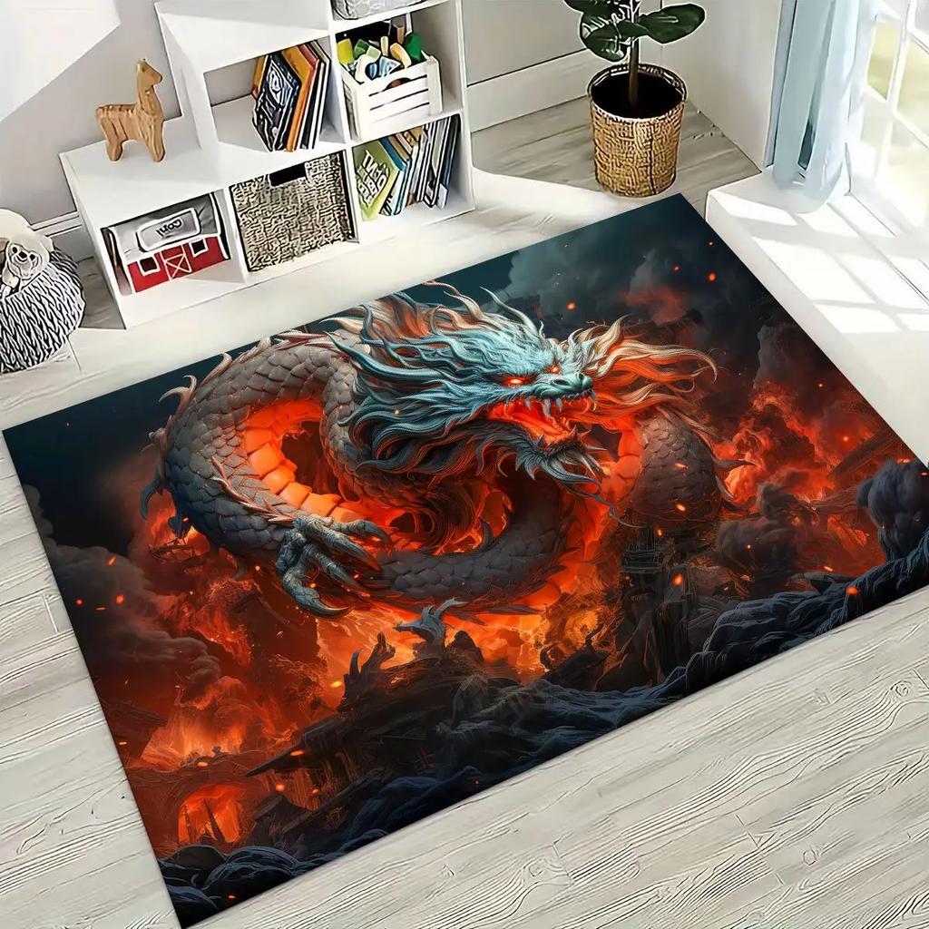 Magic Dragon Mythology Art Chinese Loong Cartoon Rug for Bedroom Living Room Sofa Home Doormat Decor, Large Non-slip Floor Mat