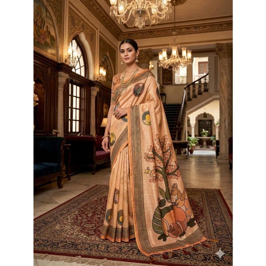 Soft premium handloom fabric Digital Print With  Rich Pallu With Lace Border On Saree