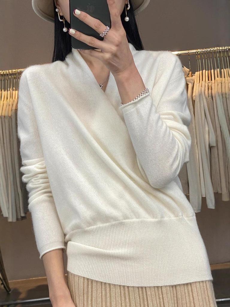 Women's 100% Pure Wool V-Neck Loose Pullover Sweater - Long Sleeve Knit Top for Autumn/Winter
