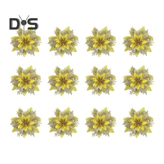 12 szt. brokatowych ozdób świątecznych poinsecja z klipsami łodygi sztuczne kwiaty na choinkę weselną dekoracja wianek