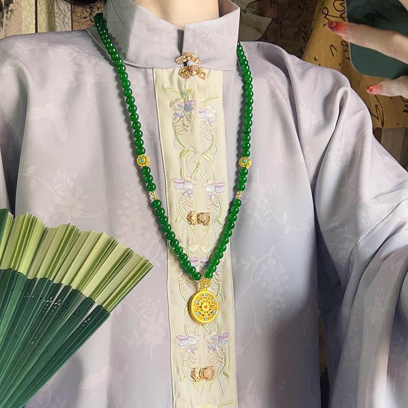 Ethnic Style Hollow Carved Lucky Bag Pendant Green Imitation Jade Handmade Beaded Long Necklace