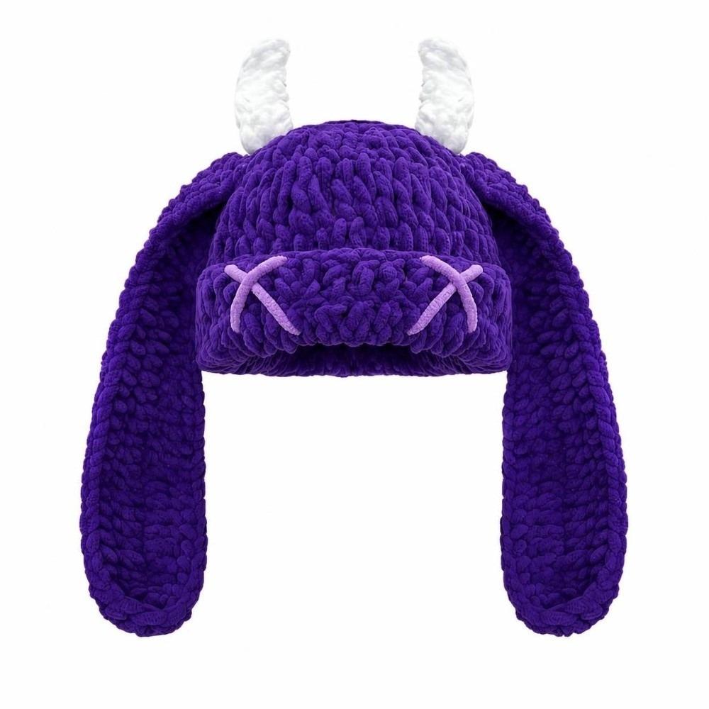 Soft Warm Little Devil Long Ears Cap Elastic Knit Warm Windproof Cap Cold Weather Wear