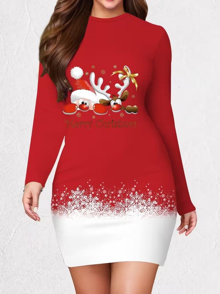 Women's Long Sleeved Tight Fitting Dress, 3D Christmas Party Mini Dress Vestidos De Mujer