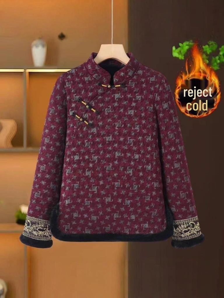 2025 Autumn/Winter Plus Velvet Retro Qipao Collar Slimming T-shirt for Mom