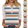 T-shirt imprimé boutonné à manches 3/4 pour femme - Haut basique à col en V - Mode quotidienne - Week-end