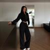 Zweiteiliges Streetwear-Set für Damen: Schmal geschnittener Reißverschluss-Strickjacke Mit Bindegürtel Lange Hose Herbst-Outfit