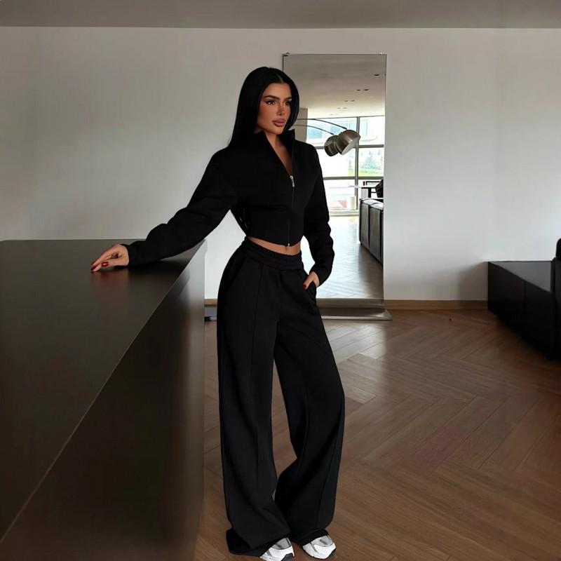 Zweiteiliges Streetwear-Set für Damen: Schmal geschnittener Reißverschluss-Strickjacke Mit Bindegürtel Lange Hose Herbst-Outfit