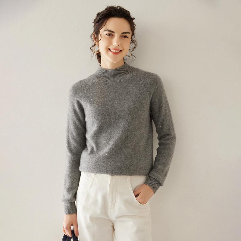 Autumn And Winter New Semi-Turtleneck Cashmere Pullover Sweater Idea Yarn Thin Age-Reducing Long Sleeves Solid Color Thin Knitted Top Women