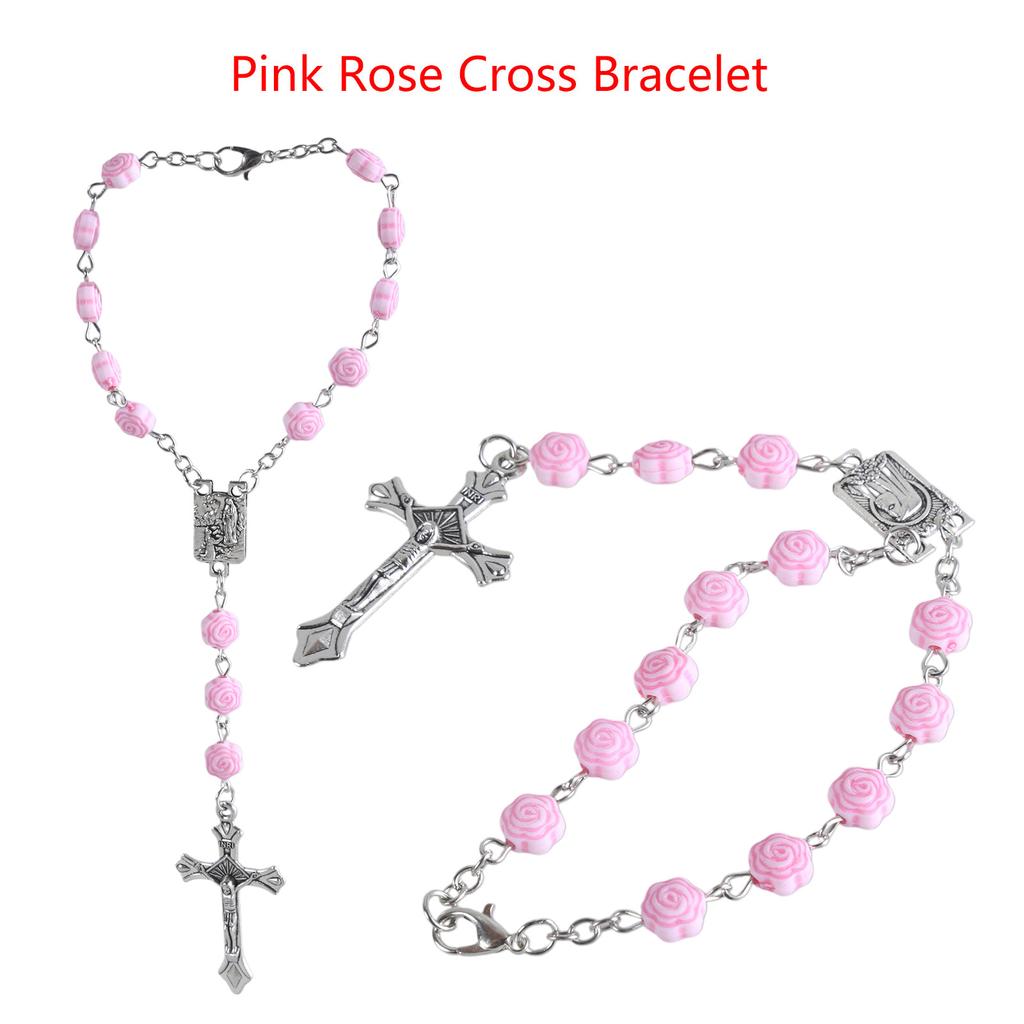 Elegant Crosses Pendant Wrist Chain Delicate Pink Rose Flower Hand Chain Beautiful Beads Hand String Chain Jewelry