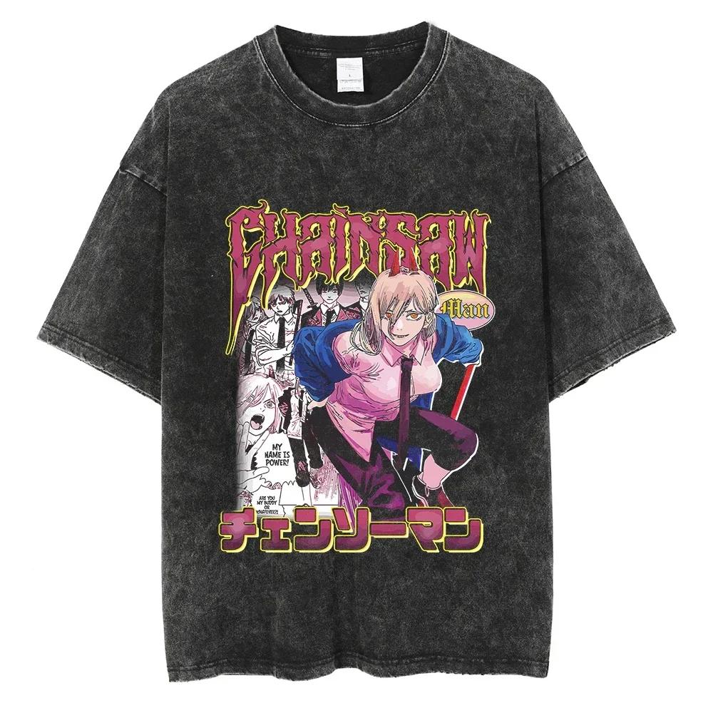 Anime Chainsaw Washed Short Sleeved Round Neck Yk Tshirt Ropa Hombre Men Clothing New in Top Tees Mens TShirt Camisetas