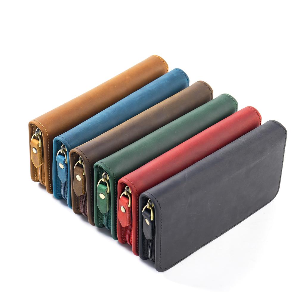 Elegant Genuine Leather Pen Box Holder Brown Black Zippered Pouch School Holsters Premium Pencil Case Card Holder Storage Custom