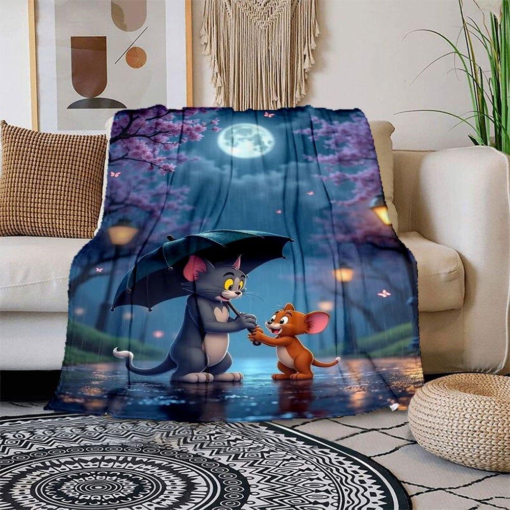

Tom & Jerry Rainy Night Adventure Wall Art Print Blanket Flannel Throw Blanket for Sofa, Bed, Travel, Camping, Office 100x150cm
