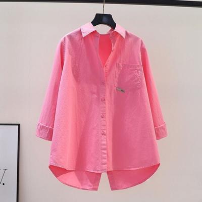 Women Spring Fall Shirt Turn-down Collar Loose Solid Color Single-breasted Mid Length Soft Breathable Long Sleeve Split Back Irregular Hem Lady Casual