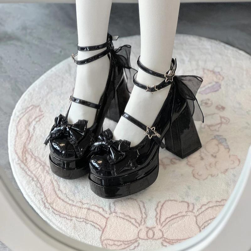 Fashion Platform High Heels Women Lolita Shoes Mary Jane Fashion Shallow Butterfly-knot Shoes Ladies Party Dress Cross Strap Pumps Shoes