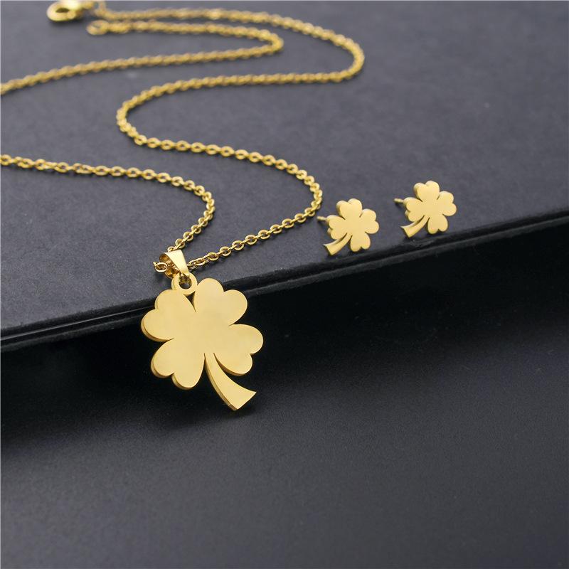 Trendy Lucky Four Leaf Clover Pendant Necklace Earrings Jewelry Set For Women Girl Stainless Steel Clavicle Chain Romantic Gifts