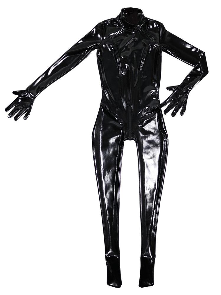 Mode Ganzkörper-Jumpsuit Damen Latex Ammoniak Sexy PU Glänzend Bodysuit Hoher Kragen Former Shapewear Nachtclub Auftritt Tanz Strumpfhose