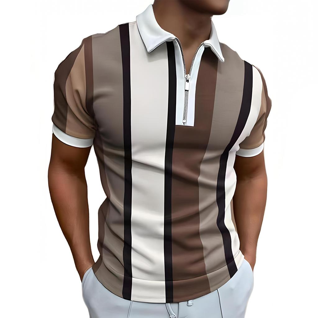 Men's Casual Striped Zipper-Collar Short-Sleeve Shirt