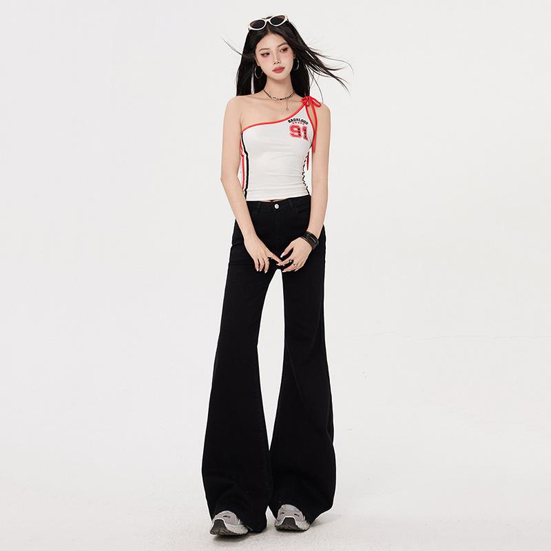 Women's Retro High-Waist Black Bell Bottom Jeans, Slimming Stretch, Extra Long, Spring 2025 Collection