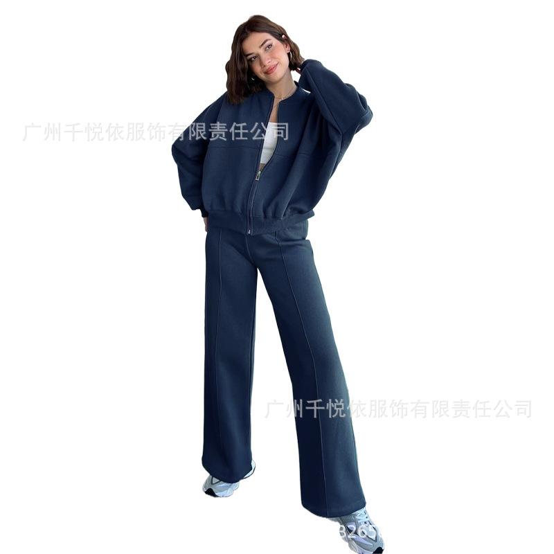 2024 Spring and Autumn Sweater Two-piece Women's Clothing European and American Cross-border Trend Fashion Casual Zipper Cardigan Trousers