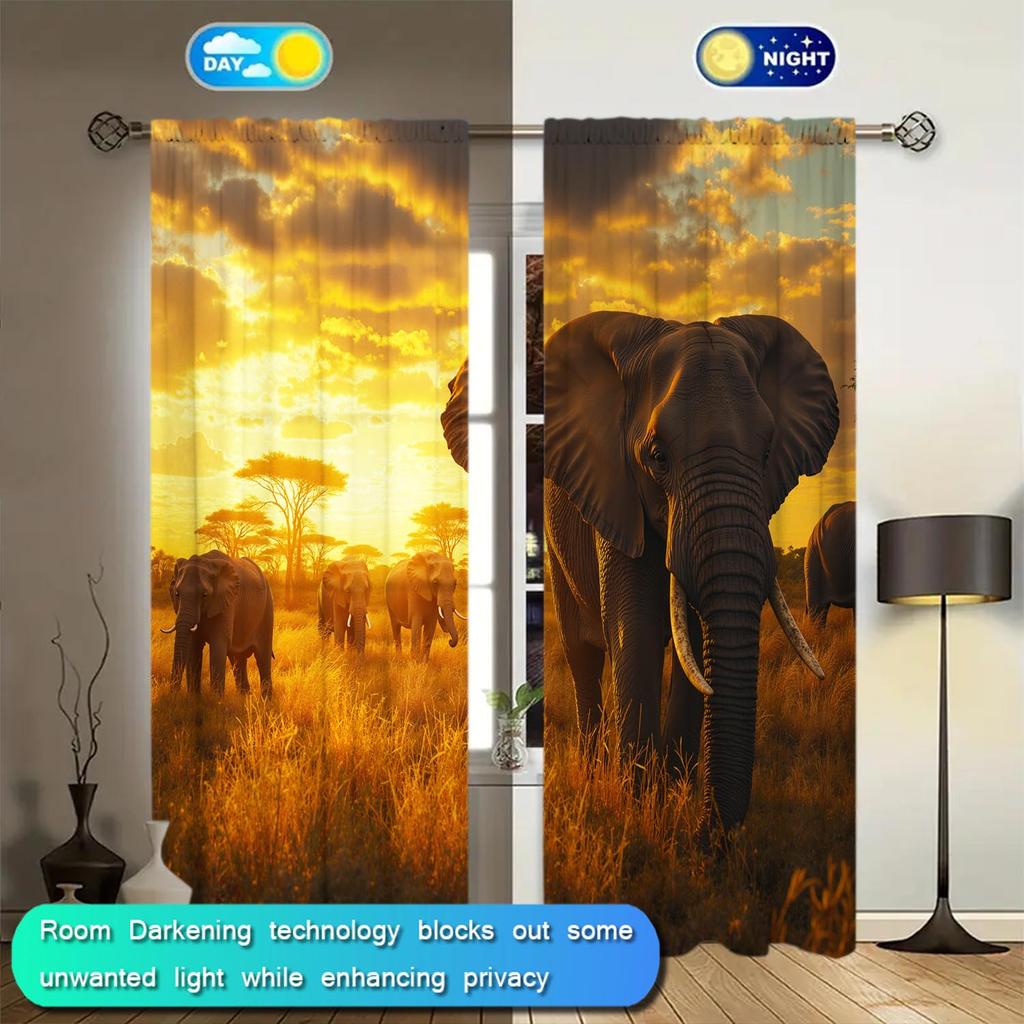 2-Panels African Kenyan Elephant Decorative Curtains   Semi Transparent Without Lining   Durable Polyester Fiber Curtains