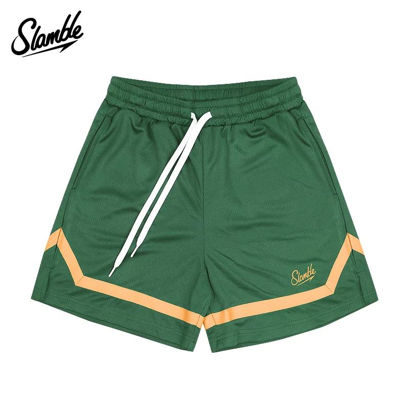 Slamble Men's American Basketball Shorts Contrast Color Braid below the Knee Short-Length Pants Fitness Patchwork